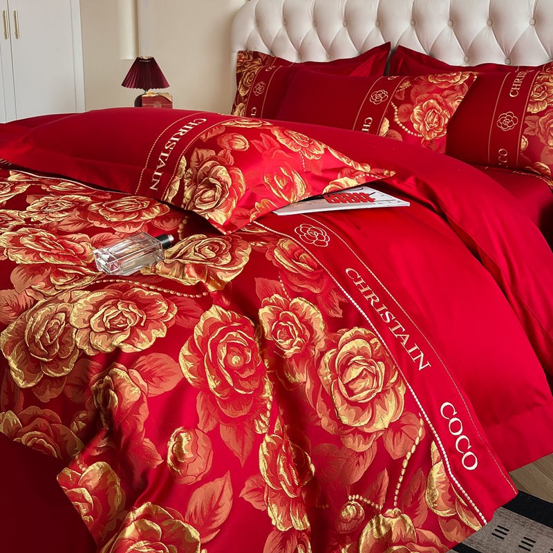 高档简约婚庆四件套大红色结婚陪嫁刺绣被套床单新婚喜庆床上用品