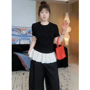 大码胖MM韩版下摆拼接花边圆领短袖T恤女装2025夏季显瘦百搭上衣