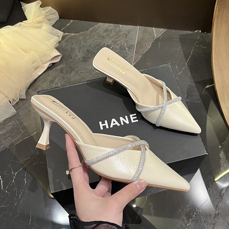 网红202d5新款夏季水钻包头半拖女鞋高跟细跟时尚凉拖鞋外穿一脚