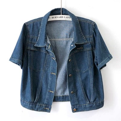 复古收褶薄款牛仔外套女短袖春夏季短款修身显瘦小外搭坎肩配裙子