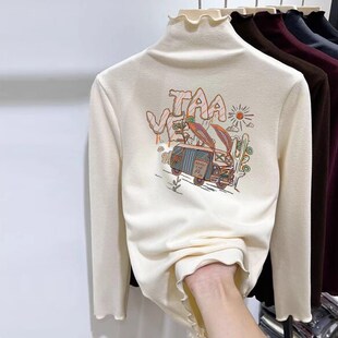 女童装双面德绒打底衫内搭长袖秋冬加厚半高领儿童木耳边磨毛上衣