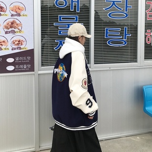 拼色棒球服女春秋新款上衣韩版宽松百搭bf复古美式学生毛呢外套潮