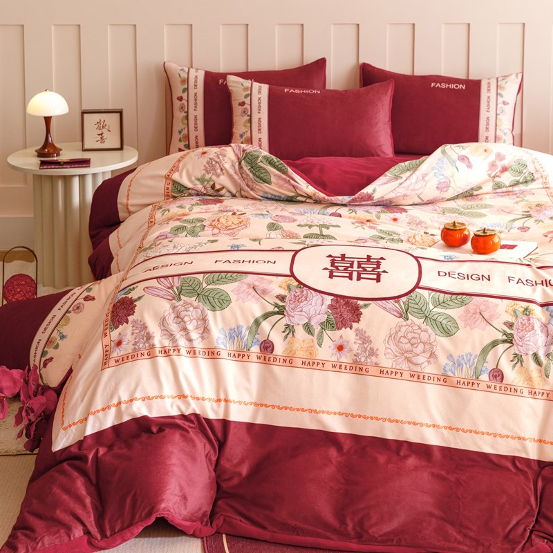 冬季牛奶绒结婚四件套轻奢红色印花被套床单喜被婚庆陪.嫁床上用