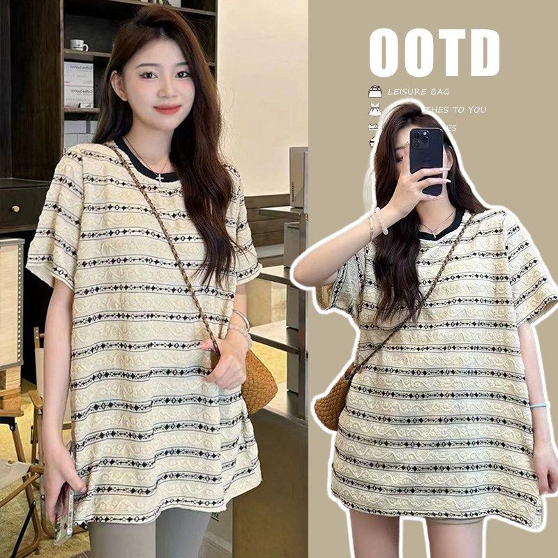 孕妇装夏装2024新款韩版网红条纹复古T恤衫宽松大码显瘦潮妈上衣