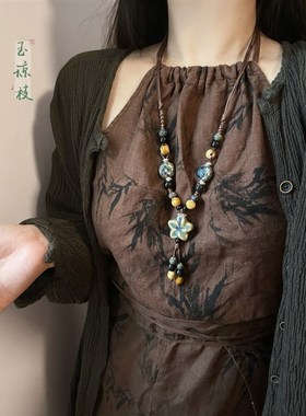 复古民族风陶瓷串珠花朵项链女新中式复古流苏吊坠配饰长款毛衣链