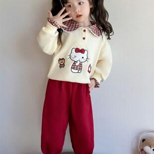 女童春秋款套装儿童韩版时髦指纹翻领休闲两件套女宝宝春秋季衣服