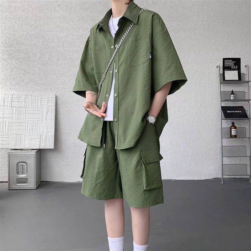 泡泡纱短袖衬衫套装夏季速干冰丝衬衣短裤男生酷帅穿搭运动两件套,男装,时尚套装,淘宝优惠券,粉丝福利购,淘宝优惠卷