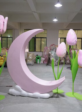 玻璃钢月亮大型雕塑摆件户外景区公园店面花朵相框拍照打卡装饰品
