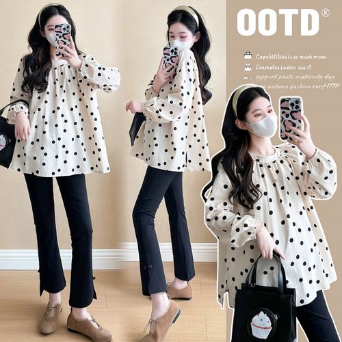 孕妇装春装时尚百搭长袖波点上衣宽松大码休闲娃娃衫春季怀孕衣服