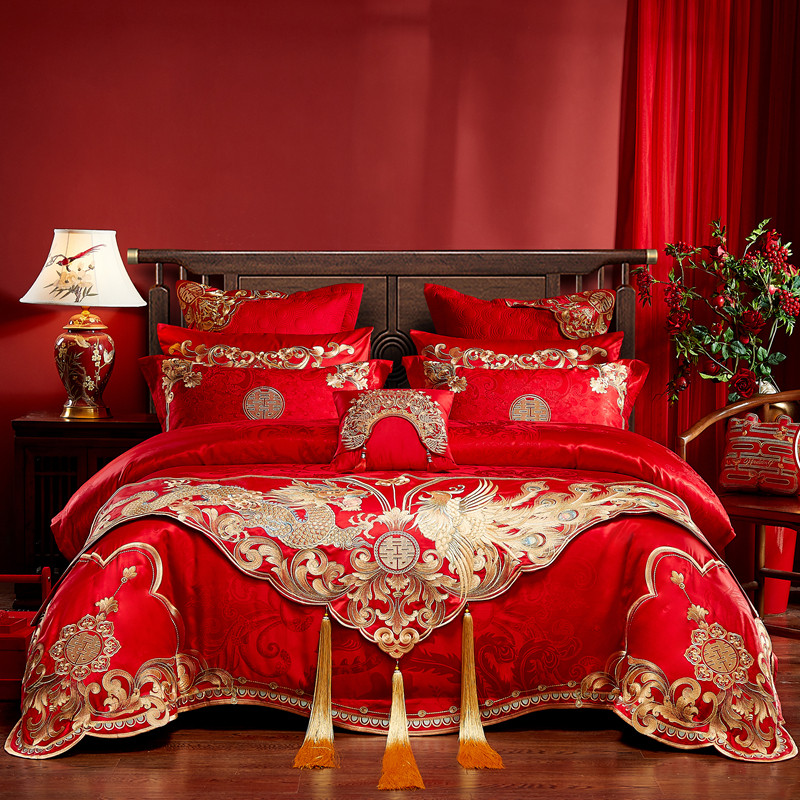 婚庆四件套大红全棉刺绣花纯棉新婚礼结婚房喜Q被床上用品六十件