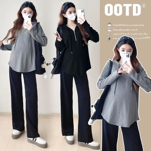 孕妇装秋装时尚简约连帽长袖上衣2024新款孕妇T恤秋季怀孕打底衫