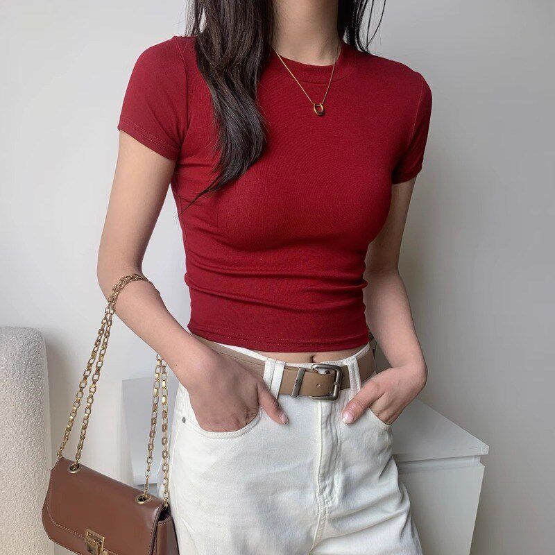 短款t恤女正肩短袖2025春夏季新款螺纹圆领体恤红色紧身高腰上衣