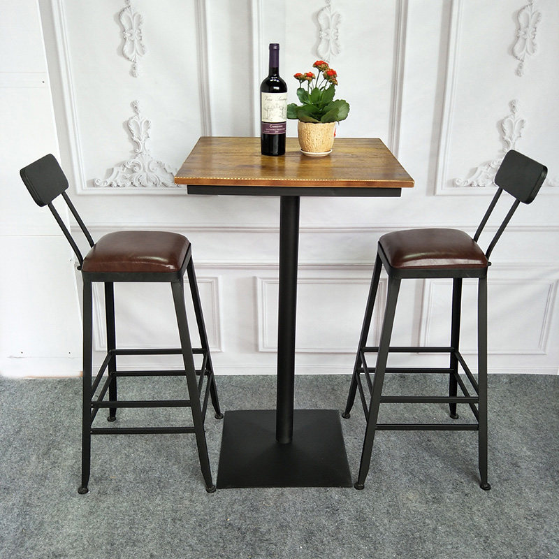 美式复古铁艺g吧台椅高脚凳靠背酒吧椅甜品店桌椅组合实木小圆方