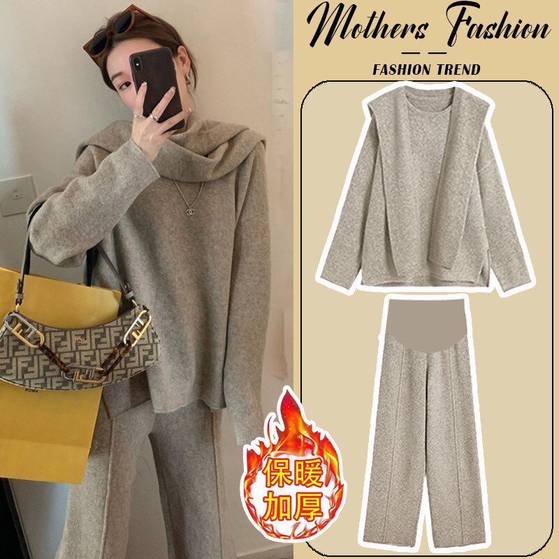 孕妇套装2024新款秋冬时尚洋气时髦燕麦色加厚针织衫阔腿裤两件套