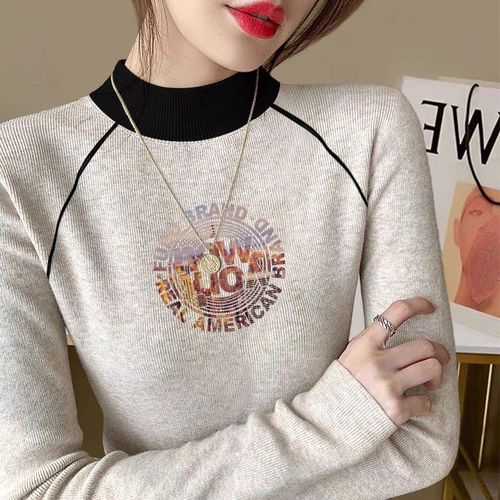 半高领德绒打底衫女秋冬内搭高级感长袖T恤欧货撞色拼接洋气上衣