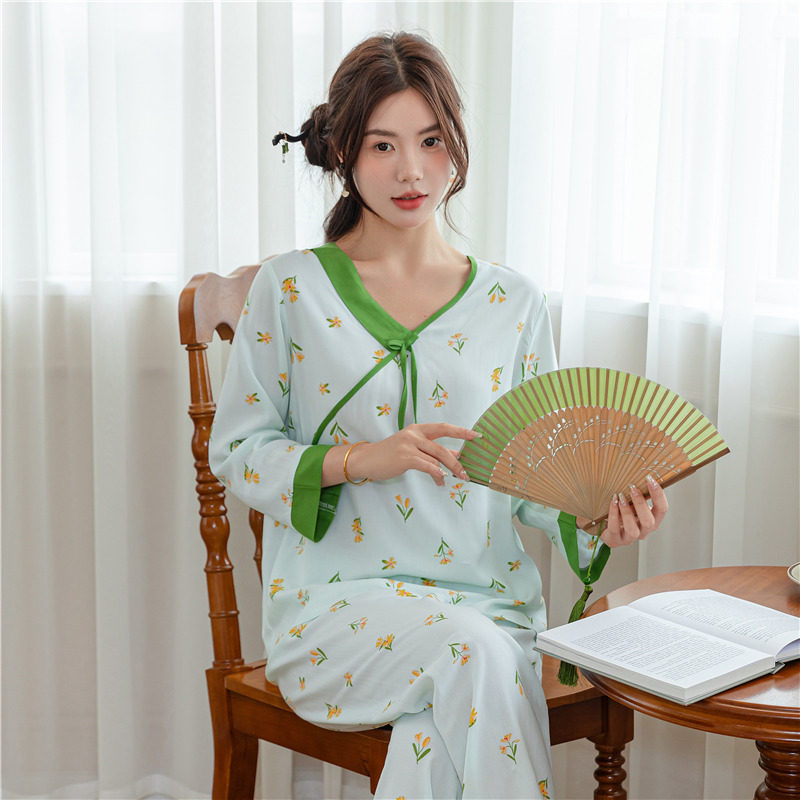 夏季复古国风棉绸睡衣女士春秋套头新中式汉服长袖长裤家居服套装,女士内衣/男士内衣/家居服,睡衣/家居服套装,淘宝优惠券,粉丝福利购,淘宝优惠卷