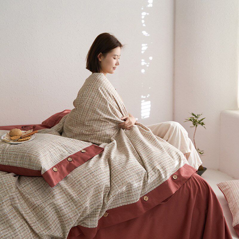 全棉臻品加厚磨毛四件套格子纽扣款F被套柔软保暖纯棉床单床上用