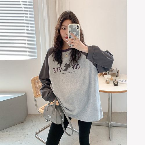 孕妇长袖t恤撞色插肩印花2024新款秋装上衣宽松春秋遮屁股打底衫