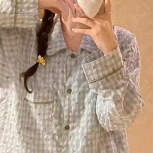 韩版2023年新款睡衣女春秋款长袖长裤泡泡棉麻格子冬季居家服套装