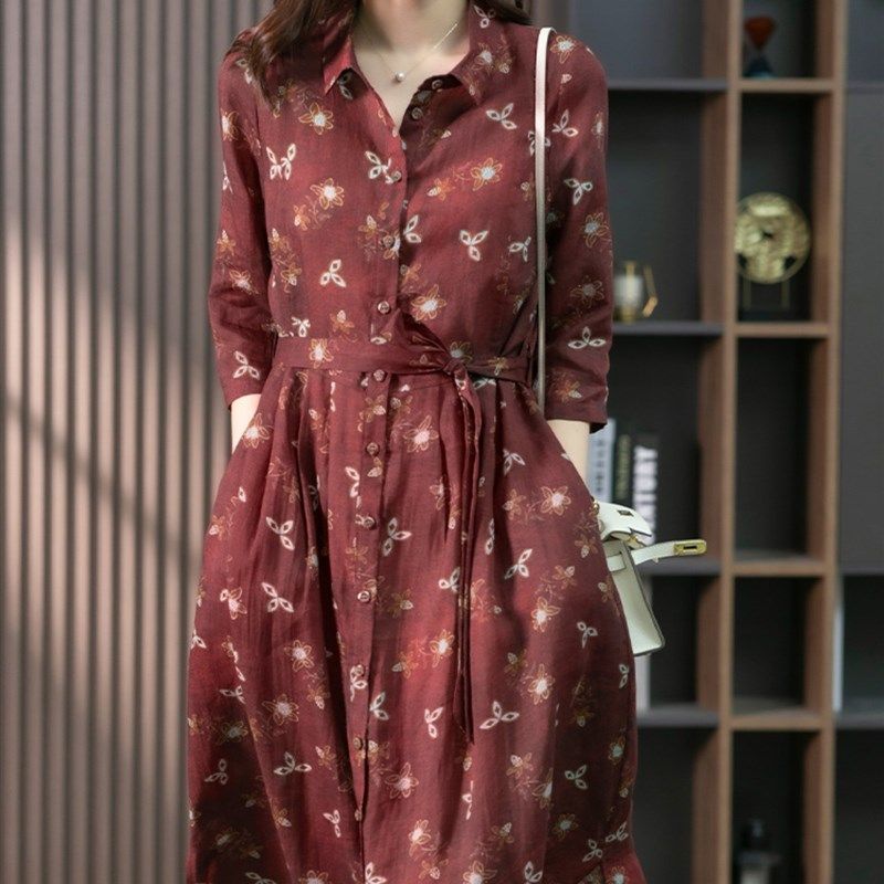 法式碎花衬衫连衣裙大码中长2024春新款潮苎麻长裙子碎花裙子收腰