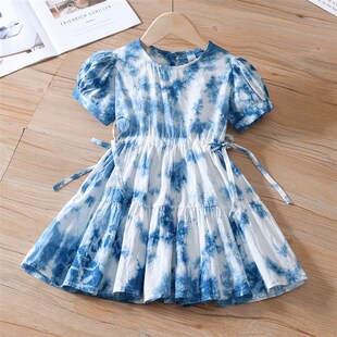 女童夏季连衣裙童装云南植物古法扎染裙子圆领抽绳度假风旅游裙子