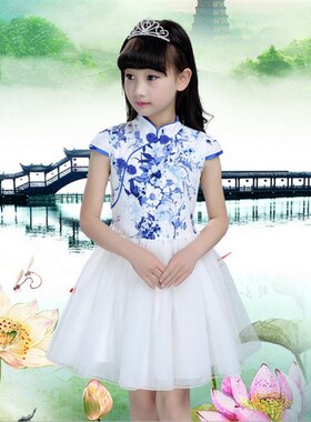 女童夏季公主纱裙套装童装旗袍纱裙儿童民族舞蹈礼服青花瓷演出服