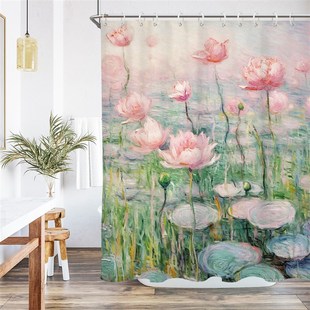 莫奈睡莲浴帘加厚防水防霉浴室卫生间帘子免打孔洗澡淋浴干湿分离