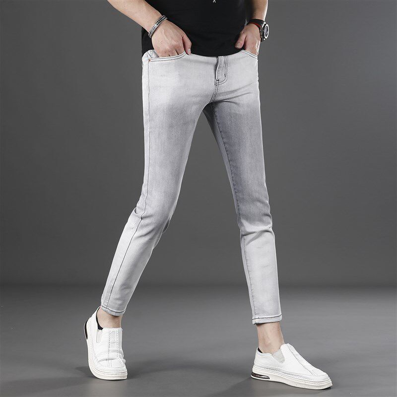 浅灰色九分牛仔裤男夏季薄款修身小脚2025新款弹力休闲裤子男9分