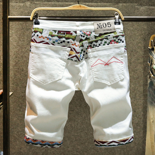 男夏季 潮牌刺绣外穿休闲五分裤 薄款 直筒中裤 修身 白色拼接牛仔短裤