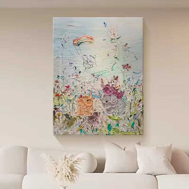 吉祥小象纯手绘油画奶油风立体肌理画玄关装饰画过道卧室挂画