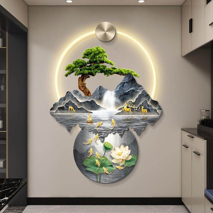 新中式九鱼图入户玄关装饰画带灯迎客松挂画竖版走廊过道山水壁画,3C数码配件,USB灯,淘宝优惠券,粉丝福利购,淘宝优惠卷