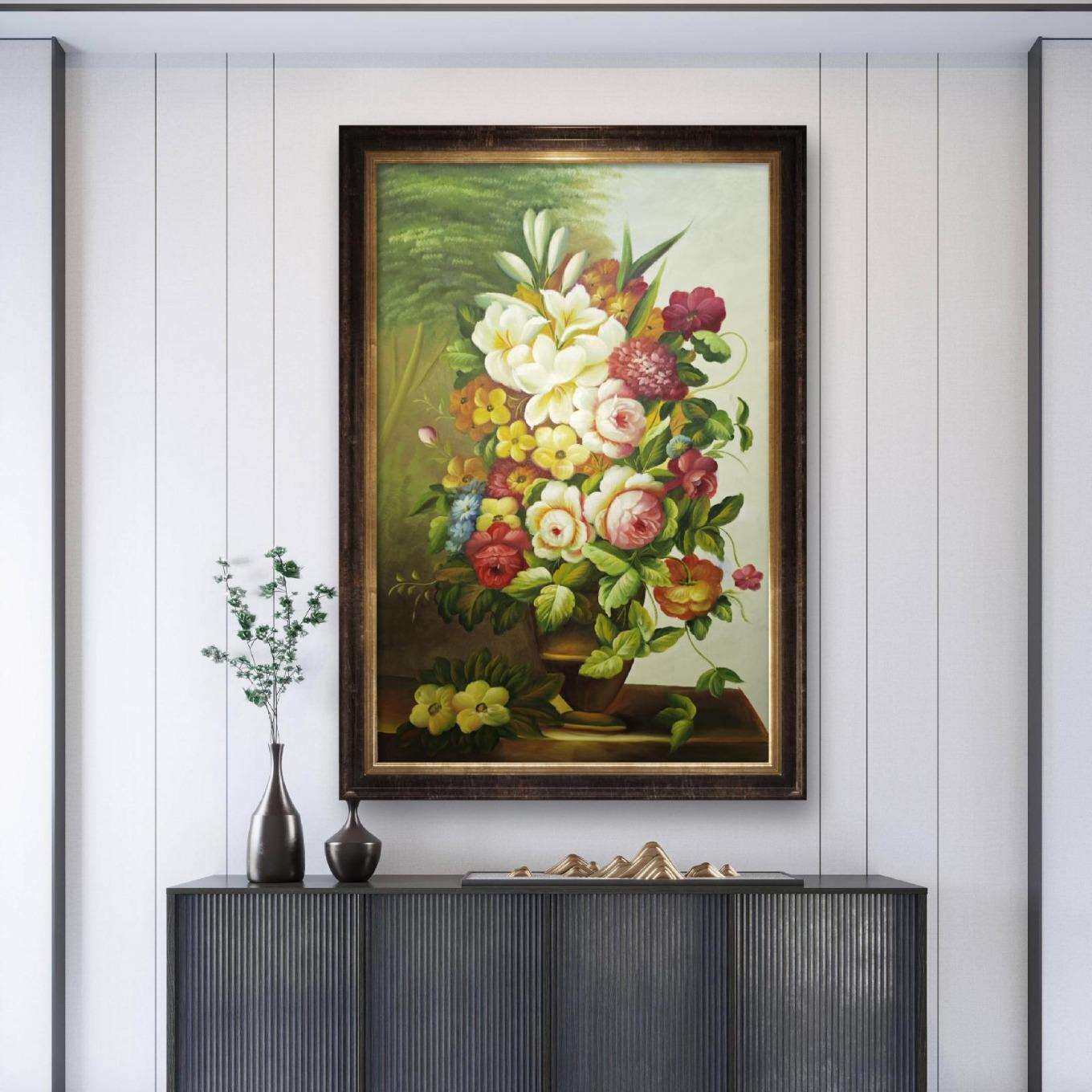 美式纯手绘油画卧室餐厅茶室办公室挂画玄关过道高级复古花卉壁画