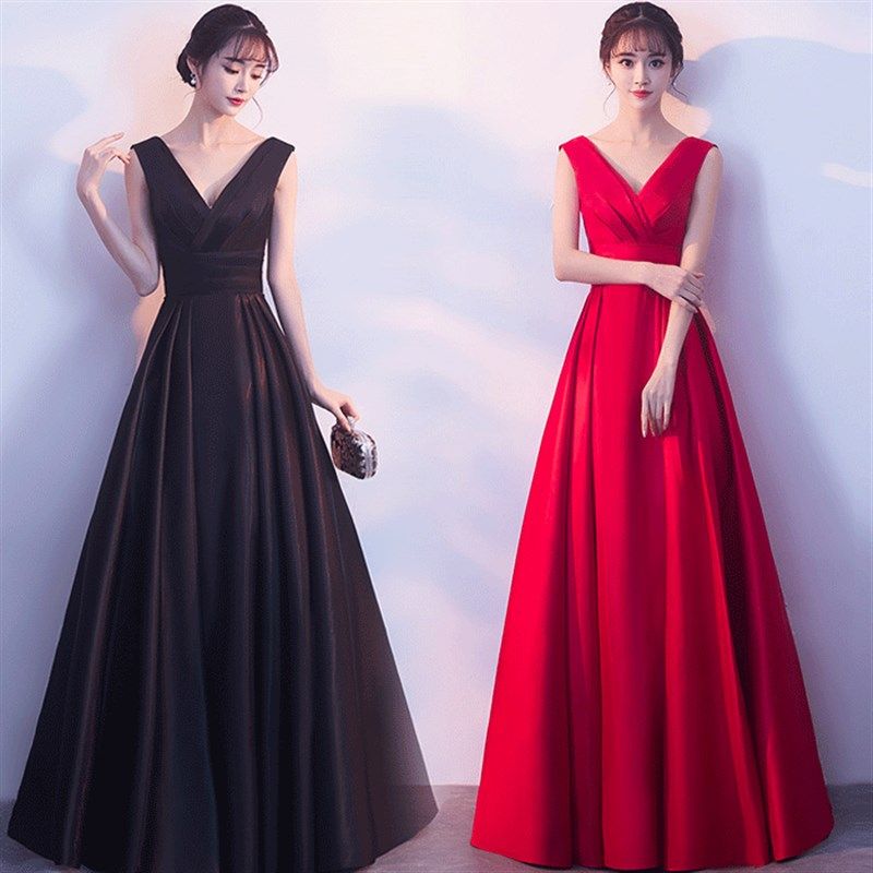 2022夏季女装V领公司年会结婚晚宴端庄礼服裙收腰显瘦大摆连衣裙