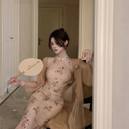 复古套装改良旗袍长裙女装夏季2024年新款薄款开衫外套两件套上衣