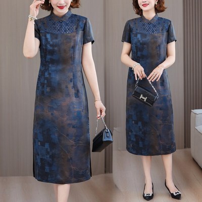 婚宴装洋气刺绣旗袍连衣裙夏季年轻妈妈洋气高贵礼服仿香云纱垂感