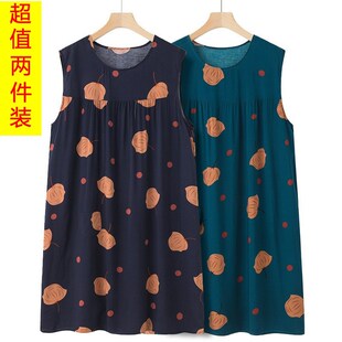 妈妈无袖睡裙人造棉加肥加大w码中老年睡衣女棉绸宽松裙薄款可外