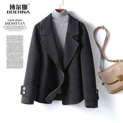 羊绒大衣女短款西装领双排扣韩版双面呢子秋冬新款毛呢外套小个子