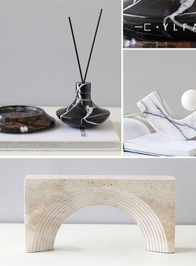 一匚 极简大理石几何层叠刻纹摆件 样本间酒店客厅书架组合饰品