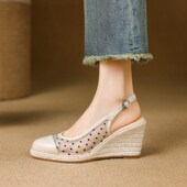 真皮网纱r厚底包头凉鞋 2025夏季 新款 女高跟防水台草编坡跟透气女