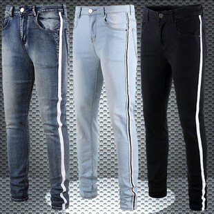 fog高街潮牌条纹牛仔裤潮流男士休闲修身长裤膝盖破洞烟管裤黑色