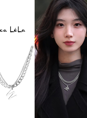 银色字母项链女双层叠戴冷淡风卫衣毛衣颈链小众设计感装饰锁骨链