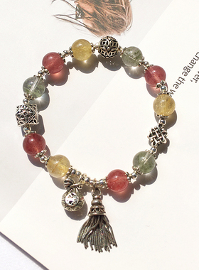 天然多宝水晶手链女纯银金发晶绿幽灵草莓晶招财招桃花手串