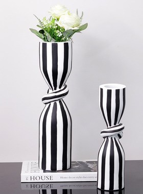 简约现代黑白条纹扭绳花器创意装饰花器客厅餐桌玄关样板间