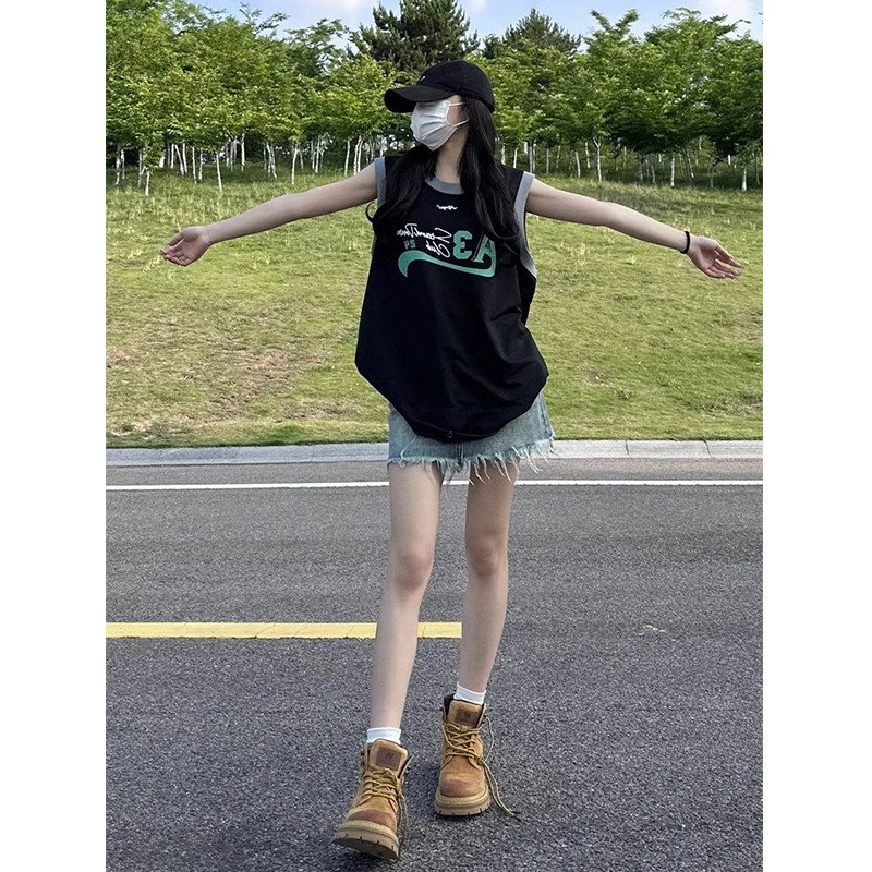 纯棉复古运动背心女夏季bf风中长款休闲无袖坎Q肩T恤宽松睡裙上衣
