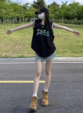 纯棉复古运动背心女夏季bf风中长款休闲无袖坎Q肩T恤宽松睡裙上衣