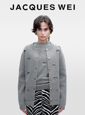JACQUES WEI 2025新款秋简约灰色破洞剪裁设计感开衫羊毛针织衫女
