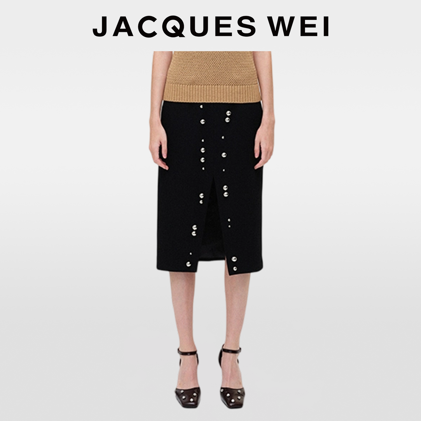 JACQUES WEI2025秋冬设计师款时尚百搭黑色铆钉开叉半