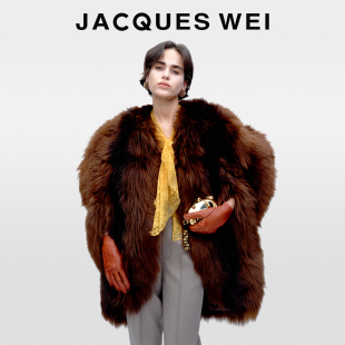 设计长毛皮草外套大衣女 深棕色廓形无袖 JACQUES WEI2025秋冬新款