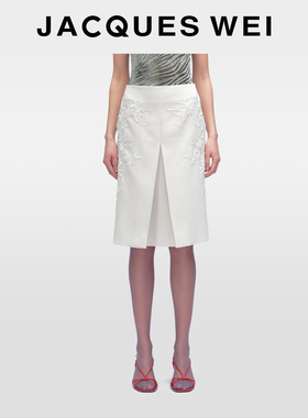 JACQUES WEI 2025新款秋冬设计师纯手工刺绣花卉开衩奶灰色半裙女