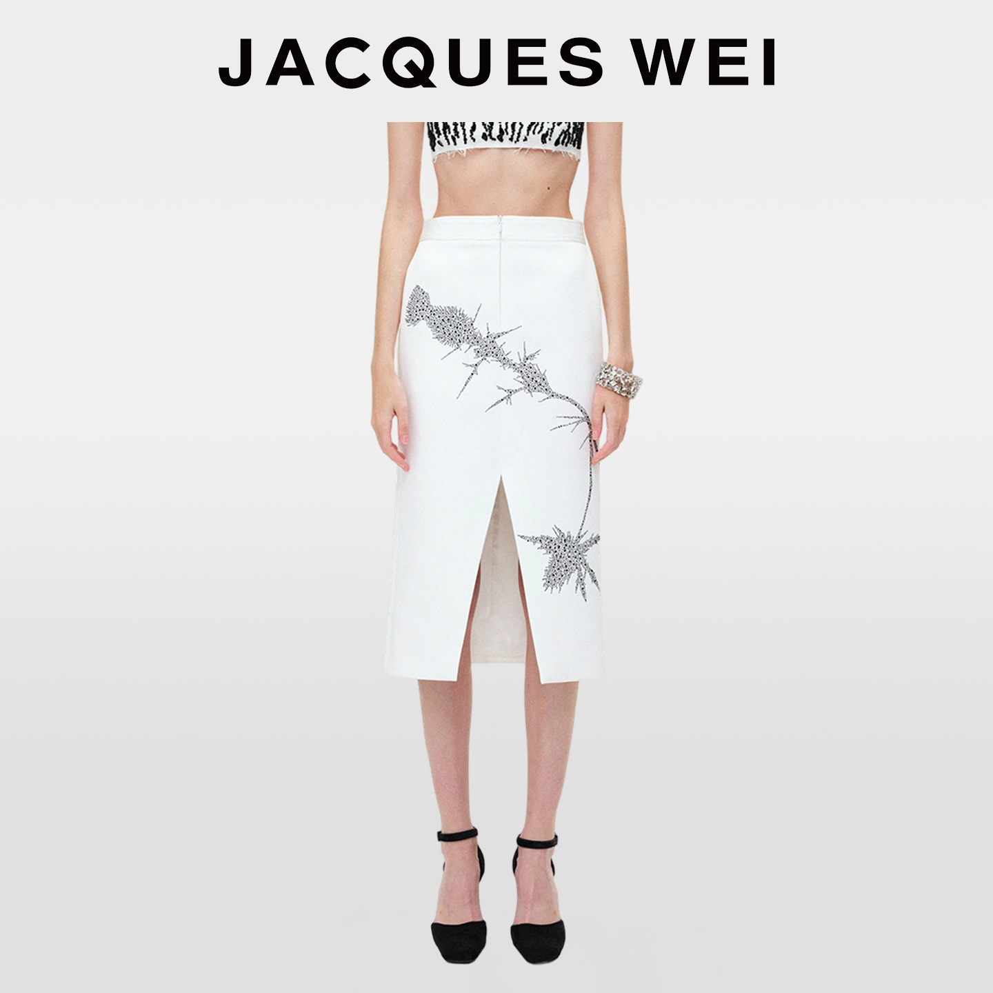 JACQUES WEI2025新款设计师款白灰色刺芹手工钉珠冬季